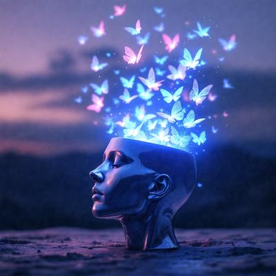 The primary subject of the image is a head with a blue light shining on it, giving it a futuristic and surreal appearance. The setting is a dark background, which contrasts with the bright blue light. The visual style is a combination of digital art and illustration, creating a unique and eye-catching image. The colors and mood are predominantly blue, with a hint of purple, giving the scene a calm and serene atmosphere.
